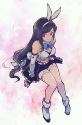 Rule 34 | 1girl, analog clock, animal ears, arm support, bare shoulders, belt, black gloves, black hair, black skirt, blue bow, blue bowtie, bow, bowtie, breasts, cleavage, clock, closed mouth, commentary, crop top, detached collar, detached sleeves, fake animal ears, final fantasy, final fantasy vii, final fantasy vii ever crisis, final fantasy vii remake, fingerless gloves, fishnet thighhighs, fishnets, full body, garter straps, gloves, highres, invisible chair, large breasts, long hair, looking at viewer, low-tied long hair, midriff, miniskirt, official alternate costume, rabbit ears, rabbit tail, red eyes, saki (hxaxcxk), single sidelock, sitting, skirt, smile, solo, suspender skirt, suspenders, swept bangs, tail, thighhighs, tifa lockhart, tifa lockhart (bunny bustier), very long hair, white footwear, white sleeves