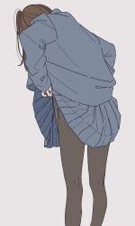 Rule 34 | 1girl, black pantyhose, blue jacket, blue skirt, brown hair, clothes pull, from behind, highres, jacket, kamatama rom, long hair, long sleeves, original, pantyhose, pantyhose tug, pleated skirt, school uniform, simple background, skirt, solo, white background