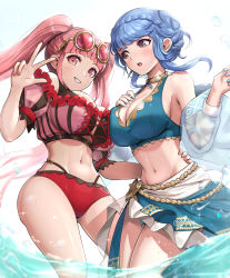 Rule 34 | 2girls, absurdres, alternate costume, asymmetrical docking, bikini, black bikini, blue bikini, blue hair, blue nails, blunt bangs, blush, braid, breast press, breasts, cleavage, cloud, commentary request, cross-laced bikini, cross-laced clothes, crown braid, diffraction spikes, eyewear on head, female focus, fingernails, fire emblem, fire emblem: three houses, fire emblem heroes, frilled bikini, frills, from below, glint, gluteal fold, gold trim, gonzarez, grin, hand on another&#039;s waist, hand on own chest, hand up, highres, hilda valentine goneril, large breasts, long hair, looking at another, looking at viewer, marianne von edmund, matching hair/eyes, midriff, multiple girls, nail polish, navel, nintendo, official alternate costume, open mouth, pink bikini, pink eyes, pink hair, pink nails, shawl, sidelocks, sideways glance, sky, smile, sparkle, stomach, sunglasses, sunglasses on head, swimsuit, teeth, thighs, twintails, w, wading, water