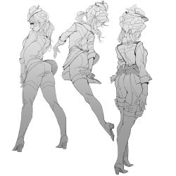 Rule 34 | 1girl, animification, apex legends, ass, bootlegger loba, boots, braid, gloves, greyscale, hair behind ear, hat, high heels, jacket, loba (apex legends), looking back, looking down, mini hat, monochrome, multiple views, official alternate costume, retro pppkn, shorts, smile, thigh boots, twin braids