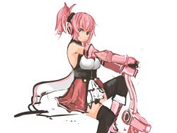 Rule 34 | 1girl, bare shoulders, boots, bow (weapon), breasts, cosmic break, cross-laced footwear, elbow gloves, gloves, halterneck, headphones, highres, knee boots, lace-up boots, melfi, panties (pantsu-pirate), pink hair, ponytail, sitting, smile, solo, thighhighs, weapon, yellow eyes