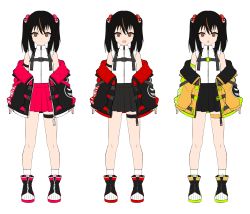 Rule 34 | 1girl, :d, :o, absurdres, bare shoulders, black footwear, black hair, black jacket, black skirt, boots, brown eyes, brown hair, brown jacket, closed mouth, fang, full body, hair between eyes, hair bobbles, hair ornament, highres, jacket, long sleeves, looking at viewer, multicolored hair, multiple views, nail polish, nanju bami, off shoulder, open clothes, open jacket, open mouth, original, pleated skirt, puffy long sleeves, puffy sleeves, red nails, red skirt, shirt, simple background, skirt, sleeveless, sleeveless shirt, sleeves past wrists, smile, socks, standing, streaked hair, twintails, v-shaped eyebrows, white background, white legwear, white shirt