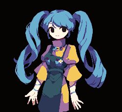 Rule 34 | 1girl, 4qw5, alternate hairstyle, apron, black background, black eyes, blue hair, closed mouth, dress, flower, green apron, haniyasushin keiki, jewelry, long hair, looking at viewer, magatama, magatama necklace, necklace, pixel art, short sleeves, simple background, single strap, solo, touhou, twintails, white flower, yellow dress