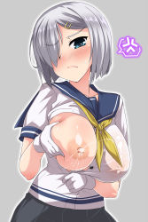 Rule 34 | 1girl, absurdres, angry, blue eyes, blue serafuku, blush, breasts, breasts out, character request, frown, gloves, hair ornament, hair over one eye, hairclip, hamakaze (kancolle), highres, kantai collection, lactation, large breasts, looking at viewer, nipples, one breast out, school uniform, see-through, serafuku, short hair, silver hair, solo, sweat, white gloves, yoshi tama