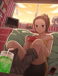 Rule 34 | 1girl, bike shorts, blouse, brown hair, calendar, calendar (object), cellphone, cup, desk, drink, drinking straw, electric fan, hair ornament, hairclip, handheld game console, ice, ice cube, itou (mogura), monitor, original, phone, pillow, playing, playing games, playstation portable, shirt, short hair, solo, speaker, strap slip, sunset, window