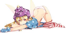 Rule 34 | 1girl, all fours, american flag dress, american flag legwear, arched back, ass, bad id, bad twitter id, blonde hair, blush, breast press, breasts, butt crack, clothes pull, clownpiece, fairy, fairy wings, frilled shirt collar, frills, full body, gloves, grin, hasebe yuusaku, hat, highres, jester cap, long hair, looking at viewer, medium breasts, naughty face, panties, pantyhose, pantyhose pull, parted lips, pink eyes, polka dot, print pantyhose, purple eyes, short sleeves, smile, solo, star (symbol), striped clothes, striped pantyhose, top-down bottom-up, touhou, underwear, white panties, wings
