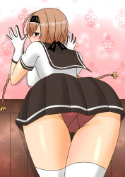 Rule 34 | 1girl, against wall, ass, blush, bow, braid, breasts, brown eyes, brown hair, cameltoe, from behind, gloves, hair bow, headband, highres, kantai collection, large breasts, leaning, leaning forward, long hair, looking at viewer, looking back, morita, panties, school uniform, shiny skin, sideboob, skirt, solo, teruzuki (kancolle), thighhighs, twin braids, underwear, very long hair