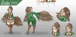 Rule 34 | 1girl, belt, bird legs, black belt, blush, breasts, brown feathers, brown hair, brown skirt, brown thighhighs, brown vest, brown wings, character profile, coat, coattails, commentary, english commentary, evelyn (kibix1), feathered wings, feathers, glasses, green coat, hair ornament, hairclip, harpy, highres, kt80at, long hair, monster girl, multicolored hair, multiple views, open mouth, orange eyes, original, pleated skirt, pointy ears, ponytail, pout, round eyewear, shirt, skirt, small breasts, streaked hair, talons, thighhighs, toeless legwear, two-tone hair, vest, white hair, white shirt, wide hips, winged arms, wings