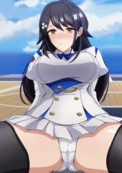 Rule 34 | 1girl, absurdres, aircraft carrier, animal ears, arm support, arms behind back, azur lane, black hair, black thighhighs, blue ribbon, blue sky, blush, breasts, brown eyes, buttons, choukai (azur lane), cloud, collared shirt, commentary request, day, dog ears, double-breasted, extra ears, floppy ears, hair between eyes, hair ornament, highres, large breasts, long hair, long sleeves, looking at viewer, makiri akira, military, military vehicle, neck ribbon, nose blush, outdoors, panties, pleated skirt, puffy long sleeves, puffy sleeves, ribbon, ship, shirt, sidelocks, sitting, skirt, sky, smile, solo, spread legs, swept bangs, taut clothes, taut shirt, thighhighs, underwear, warship, watercraft, white panties, white shirt, white skirt
