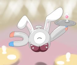 Rule 34 | 1girl, animal ears, artist request, breasts, cleavage, closed eyes, creatures (company), drink, fake animal ears, floating, game freak, gen 1 pokemon, glass, happy, highres, leotard, magnemite, magnet, nintendo, no humans, playboy bunny, pokemon, pokemon (creature), pokemon rgby, rabbit ears, simple background, solo