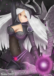 Rule 34 | 1girl, alternate costume, alternate eye color, alternate hair color, blade, bodysuit, breasts, breasts apart, cleavage, cleavage cutout, clothing cutout, cowboy shot, dated, energy ball, from side, glowing, irelia, jewelry, league of legends, long hair, neck ring, nightblade irelia, red eyes, solo, standing, tonnelee, very long hair, white hair