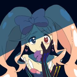 Rule 34 | 10s, 1girl, blonde hair, blue eyes, bow, drill hair, earrings, emuchi, eyepatch, unworn eyepatch, hair bow, hand on own face, harime nui, heterochromia, jewelry, kill la kill, long hair, lowres, mouth hold, pink bow, prosthesis, prosthetic arm, red eyes, solo, spoilers, twin drills, twintails