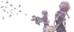 Rule 34 | 1boy, 1girl, animal, arms behind back, azama (fire emblem), back-to-back, black gloves, black ribbon, blue hair, bracelet, brown hair, bug, butterfly, cowboy shot, fire emblem, fire emblem fates, gloves, hairband, height difference, bug, japanese clothes, jewelry, long sleeves, nintendo, outstretched arms, pom pom (clothes), profile, puffy long sleeves, puffy sleeves, ribbon, ribbon-trimmed sleeves, ribbon trim, setsuna (fire emblem), short hair, shourou kanna, simple background, sketch, standing, white background, wide sleeves