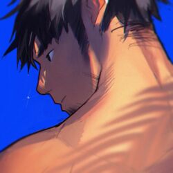 Rule 34 | 1boy, bara, blue background, close-up, expressionless, facial hair, from behind, goatee stubble, hair down, highres, laserbiubiu, long sideburns, looking to the side, male focus, nape, nude, original, short hair, sideburns, solo, stubble, thick eyebrows
