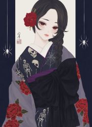Rule 34 | 1girl, black hair, black kimono, black sash, blue background, braid, bug, closed mouth, commentary request, floral print, flower, hair flower, hair ornament, hair over shoulder, haori, highres, jacket, japanese clothes, kanzashi, kimono, long hair, looking at viewer, obi, obiage, off shoulder, open clothes, open jacket, original, parted lips, peony (flower), print jacket, purple jacket, red eyes, red flower, sash, seal impression, signature, single braid, skeleton print, solo, spider, spider web print, standing, upper body, ushiyama ame, white background