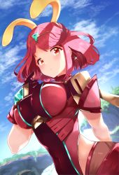 Rule 34 | 1girl, absurdres, animal ears, black gloves, breasts, chest jewel, earrings, fingerless gloves, gloves, highres, jewelry, large breasts, leggings, nintendo, pyra (xenoblade), rabbit ears, red eyes, red hair, red shorts, red thighhighs, risumi (taka-fallcherryblossom), short hair, short shorts, shorts, solo, super smash bros., swept bangs, thighhighs, tiara, xenoblade chronicles (series), xenoblade chronicles 2