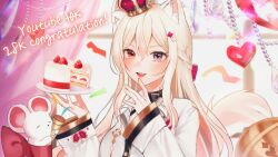 Rule 34 | 1girl, absurdres, animal ear fluff, animal ears, blonde hair, blue eyes, breasts, cake, cake slice, cat ears, cat tail, congratulations, crown, food, heterochromia, highres, large breasts, lee jooin, long hair, long sleeves, looking at viewer, multicolored hair, official art, red eyes, shirt, strawberry shortcake, streaked hair, tail, v-lup, virtual youtuber, white hair, white shirt