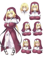 Rule 34 | 1girl, black footwear, blonde hair, blush, cape, character sheet, commentary request, cross, gg980987, habit, highres, multiple views, nose blush, nun, original, pale skin, pigeon-toed, red eyes, sandals, short hair with long locks, thighhighs, toeless legwear, white background, white thighhighs