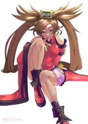 Rule 34 | 1girl, arm support, bare legs, bare shoulders, black eyes, breasts, brown hair, china dress, chinese clothes, detached sleeves, dress, guilty gear, guilty gear xrd, hair ornament, hairclip, kuradoberi jam, long hair, looking at viewer, medium breasts, nail polish, pink nails, simple background, sitting, skirt, smile, solo, teeth, thighs, tsuna (akmu8832), wide sleeves