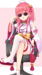 Rule 34 | 1girl, adjusting eyewear, adjusting glasses, ahoge, bell, chair, cherry blossom print, chestnut mouth, crossed legs, detached sleeves, floral print, hair bell, hair ornament, hairclip, highres, hololive, looking at viewer, pink hair, sakura miko, sakura miko (1st costume), sandals, sera narumu, single thighhigh, sitting, solo, sunglasses, thighhighs, tinted eyewear, v-shaped eyebrows, virtual youtuber, white thighhighs, x hair ornament