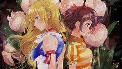 Rule 34 | 2girls, aki natsuko, akinashi yuu, blonde hair, blue eyes, blush, bow, breasts, brown eyes, brown hair, choker, cutie honey universe, dress, flower, hair bow, kisaragi honey, multiple girls, official art, parted lips, profile, puffy short sleeves, puffy sleeves, raised eyebrows, rose, short sleeves, striped clothes, striped dress, torn clothes, twintails, wet