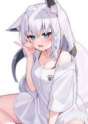 Rule 34 | 1girl, absurdres, ahoge, animal ear fluff, animal ears, black bra, blush, bra, braid, breasts, cleavage, commentary request, deaver, earrings, extra ears, fang, fox ears, fox girl, fox shadow puppet, fox tail, green eyes, hair between eyes, highres, hololive, jewelry, long hair, looking at viewer, medium breasts, open mouth, pentagram, shirakami fubuki, shirt, sidelocks, simple background, single braid, sitting, skin fang, solo, spread legs, tail, underwear, virtual youtuber, white background, white hair, white shirt