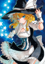 Rule 34 | 1girl, apron, arm up, bad id, bad pixiv id, black hat, blonde hair, blue eyes, bow, braid, breasts, cleavage, closed mouth, cowboy shot, hand on headwear, hat, hat bow, holding, kirisame marisa, looking at viewer, medium breasts, mini-hakkero, puffy short sleeves, puffy sleeves, qqqrinkappp, sample watermark, short sleeves, side braid, single braid, smile, solo, star (symbol), touhou, traditional media, waist apron, watermark, white apron, white bow, witch hat
