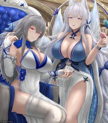 Rule 34 | 2girls, :d, absurdres, animal ear fluff, animal ears, archstreal, azur lane, bare shoulders, blue butterfly, blue dress, blue eyes, blush, breasts, bug, butterfly, cleavage, cup, dress, earrings, elbow gloves, feather boa, fingerless gloves, fox ears, gloves, grey hair, hair ornament, highres, holding, holding cup, insect, jewelry, kitsune, large breasts, long hair, looking at viewer, mole, mole under eye, multiple girls, multiple tails, open mouth, red eyes, saint-louis (azur lane), saint-louis (holy knight&#039;s resplendence) (azur lane), saint-louis (holy knight&#039;s resplendence) (azur lane), shinano (azur lane), shinano (dreams of the hazy moon) (azur lane), sitting, sleeveless, sleeveless dress, smile, tail, thighhighs, very long hair, white dress, white legwear