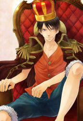 Rule 34 | 1boy, brown hair, chair, crown, denim, denim shorts, epaulettes, grey eyes, hat, jacket, jacket on shoulders, looking at viewer, male focus, monkey d. luffy, one piece, red upholstery, red vest, scar, shorts, simple background, sitting, solo, straw hat, vest, white background