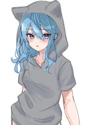 Rule 34 | 1girl, absurdres, animal ear hood, blue eyes, blue hair, blush, commentary request, expressionless, fake animal ears, grey hoodie, hair between eyes, highres, hololive, hood, hood up, hoodie, hoshimachi suisei, looking at viewer, nisi ki no, parted lips, short sleeves, simple background, solo, upper body, virtual youtuber, white background