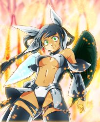 Rule 34 | 1girl, arc system works, asymmetrical wings, bare shoulders, black hair, bow, breasts, center opening, choker, codpiece, dizzy (guilty gear), covered erect nipples, glowing, glowing eyes, green eyes, guilty gear, hair bow, highres, lis van piece, solo, thigh strap, thighhighs, twintails, underboob, wings