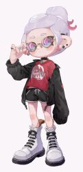 Rule 34 | 1girl, absurdres, adjusting eyewear, black collar, black jacket, black shorts, blush, closed mouth, collar, commentary, ear piercing, full body, glasses, grey hair, highres, jacket, jewelry, multiple rings, myon rio, nintendo, octoling, octoling girl, octoling player character, open clothes, open jacket, piercing, ponytail, print shirt, rainbow-tinted eyewear, red eyes, red shirt, ring, round eyewear, shirt, shoes, short hair, short shorts, shorts, sleeves past fingers, sleeves past wrists, solo, splatoon (series), splatoon 3, standing, tentacle hair, thick eyebrows, white footwear, yellow-framed eyewear