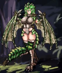 Rule 34 | 1girl, bodysuit, breasts, claws, commentary request, dragon girl, dragon tail, dragon wings, green hair, highres, large breasts, looking at viewer, monster girl, monster hunter (series), navel, personification, pointy ears, rathian, scales, short hair, slit pupils, smile, solo, standing, tail, udetamago, wings, yellow eyes