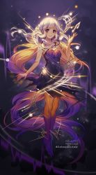 Rule 34 | 1girl, bare shoulders, barefoot, braid, breasts, brown eyes, closed mouth, dress, floating, formal, highres, levitation, light rays, long hair, looking at viewer, musical note, orange legwear, original, purple dress, sky, small breasts, smile, star (sky), star (symbol), starry background, starry sky, velahka, white hair