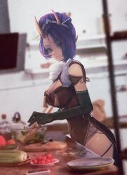 Rule 34 | 1girl, absurdres, black gloves, breasts, cherry tomato, cleavage, cleavage cutout, clothing cutout, dress, elbow gloves, food request, gloves, highres, horns, indie virtual youtuber, kitchen, large breasts, looking at viewer, oni, oni horns, onigiri (vtuber) (new year), onigiri (vtuber), plate, pointy ears, purple eyes, purple hair, red dress, salad, salad bowl, smile, solo, taku artworks, tomato, virtual youtuber