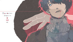 Rule 34 | 1boy, artist name, blood, blood from mouth, blue eyes, blue hair, character name, ghost rule (vocaloid), looking to the side, maki tamaki, male focus, niconico, solo, song name, soraru, sweater, swept bangs, turtleneck, turtleneck sweater, upper body, utaite, vocaloid