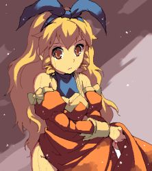 Rule 34 | 1girl, ascot, blonde hair, blue ascot, bow, breasts, brown eyes, calamity jane, detached sleeves, dress, drill hair, enoo, hair ribbon, hairband, jaggy lines, long hair, lowres, oekaki, open mouth, orange dress, ribbon, sidelocks, solo, wild arms, wild arms 1