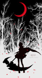 Rule 34 | 10s, 1girl, 2013, artist name, crescent moon, crescent rose, cross, dated, forest, highres, moon, nature, night, petals, red moon, rose petals, ruby rose, rwby, scythe, short hair, silhouette, solo, tree, ukiing, weapon