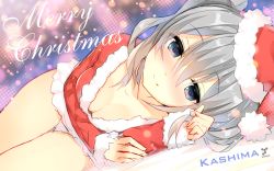 Rule 34 | 10s, 1girl, bad id, bad pixiv id, blue eyes, blush, breasts, christmas, cleavage, female focus, hat, kantai collection, kashima (kancolle), large breasts, long hair, looking at viewer, lying, on side, panties, santa costume, santa hat, silver hair, smile, solo, tsurime, twintails, underwear, wavy hair, white panties, yadapot