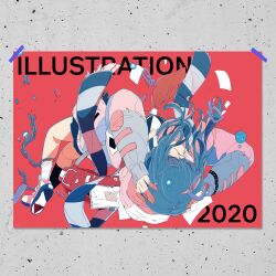 Rule 34 | 1girl, 2020, bare legs, black skirt, blue hair, bubble, chain, daisukerichard, flat color, glasses, highres, illustration.media, jacket, long hair, long sleeves, neckerchief, pink jacket, pleated skirt, red background, red neckerchief, round eyewear, scarf, shoes, simple background, skirt, solo, upside-down