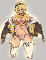 Rule 34 | 1girl, :q, armband, blonde hair, bracer, breasts, chain, choker, cleavage cutout, clothes pull, clothing cutout, cropped legs, dark-skinned female, dark skin, fingerless gloves, fur trim, gloves, gold chain, hairband, highleg, highleg panties, houtengeki, jacket, large breasts, navel, neon trim, off shoulder, original, panties, pulled by self, red eyes, short shorts, shorts, shorts pull, solo, thighhighs, tongue, tongue out, underwear, white thighhighs