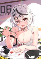 Rule 34 | 1girl, absurdres, arm strap, black hair, blush, breasts, camisole, caution tape, claw pose, cleavage, fang, frilled camisole, frills, grey hair, hair between eyes, hair ornament, hairclip, heart pendant, highres, hololive, large breasts, looking at viewer, lying, mask, unworn mask, medium hair, multicolored hair, on bed, open mouth, red eyes, red nails, sakamata chloe, smile, solo, spice mega, strap slip, streaked hair, virtual youtuber, white camisole, x hair ornament