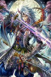 Rule 34 | 10s, 1boy, armor, blue eyes, chain chronicle, fang, full moon, gauntlets, heterochromia, holding, holding sword, holding weapon, horns, looking at viewer, male focus, moon, pointy ears, poshii (posy), sheath, shoulder armor, single horn, solo, standing, sword, weapon, white hair, yellow eyes
