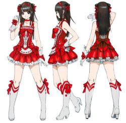 Rule 34 | 1girl, black hair, boots, bow, character sheet, dress, from behind, from side, full body, gloves, headband, high heel boots, high heels, multiple views, original, red bow, red dress, red ribbon, ribbon, sleeveless, white footwear, white gloves, yasuda akira