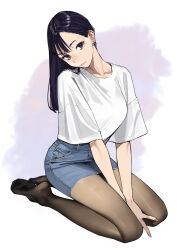 Rule 34 | 1girl, black hair, breasts, closed mouth, denim, denim shorts, denim skirt, earrings, full body, highres, jewelry, kneeling, long hair, looking at viewer, medium breasts, mole, mole under eye, mole under mouth, nakabeni yua, no shoes, original, pantyhose, short sleeves, shorts, skirt, smile, smirk, solo, white hair, yomu (sgt epper)