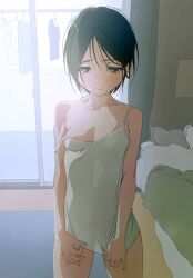 Rule 34 | 1girl, backlighting, bed, black hair, blush, breasts, camisole, collarbone, cowboy shot, dress, dress tug, highres, indoors, looking at viewer, original, see-through silhouette, short hair, small breasts, solo, strap slip, sunlight, sweatdrop, usurai rairai, white camisole