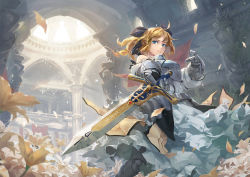 Rule 34 | 1girl, arch, architecture, armor, artoria pendragon (fate), baraba baba, black ribbon, blonde hair, blue eyes, breastplate, caliburn (fate), column, fate/grand order, fate (series), flower, hair ribbon, lily (flower), looking at viewer, pillar, ponytail, ribbon, saber lily, solo