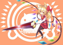 Rule 34 | &gt;:d, 1girl, :d, animal ears, animal hands, ascot, bad id, bad pixiv id, black pantyhose, blonde hair, blush, bow, brown eyes, cat, cat ears, cat tail, character name, cicin, female focus, flandre scarlet, hair bow, kemonomimi mode, long hair, nyan, open mouth, pantyhose, paw print, red eyes, short hair, side ponytail, skirt, skirt set, smile, solo, sword, tail, tail bow, tail ornament, touhou, v-shaped eyebrows, weapon, wings