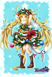 Rule 34 | 1girl, akino coto, arms up, bad id, bad pixiv id, blonde hair, christmas, christmas ornaments, dress, garland (decoration), gloves, highres, long hair, magia break, official art, open mouth, red eyes, solo, standing, tail, twintails, very long hair