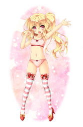 Rule 34 | 1girl, blonde hair, bow, bra, fang, flandre scarlet, footwear bow, full body, hair between eyes, high heels, highres, kamiya tomoe, long hair, looking at viewer, navel, open mouth, outstretched arm, panties, pink bra, pink panties, red bow, red eyes, red footwear, shoes, side ponytail, solo, standing, striped clothes, striped thighhighs, thighhighs, touhou, underwear, underwear only, yellow bow